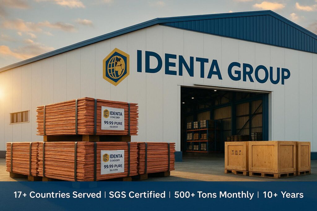Bulk copper cathode and wire shipping containers with Identa Group branding – global supplier of pure copper products.