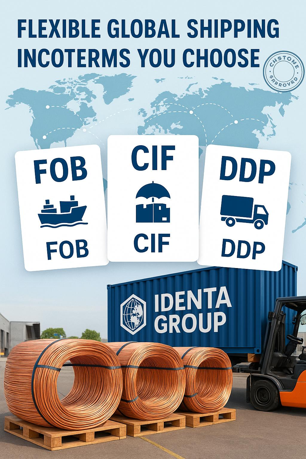 Copper shipping container on cargo ship with global Incoterms (FOB, CIF, DDP, EXW) overlay – Identa Group export logistics