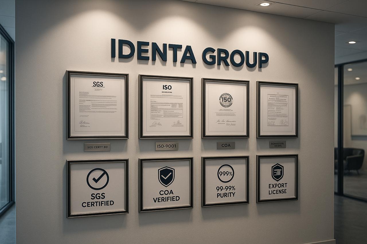 Framed Certifications and Badges – Identa Group Compliance Wall Framed SGS, ISO, COA, and export license certificates on wall under Identa Group logo