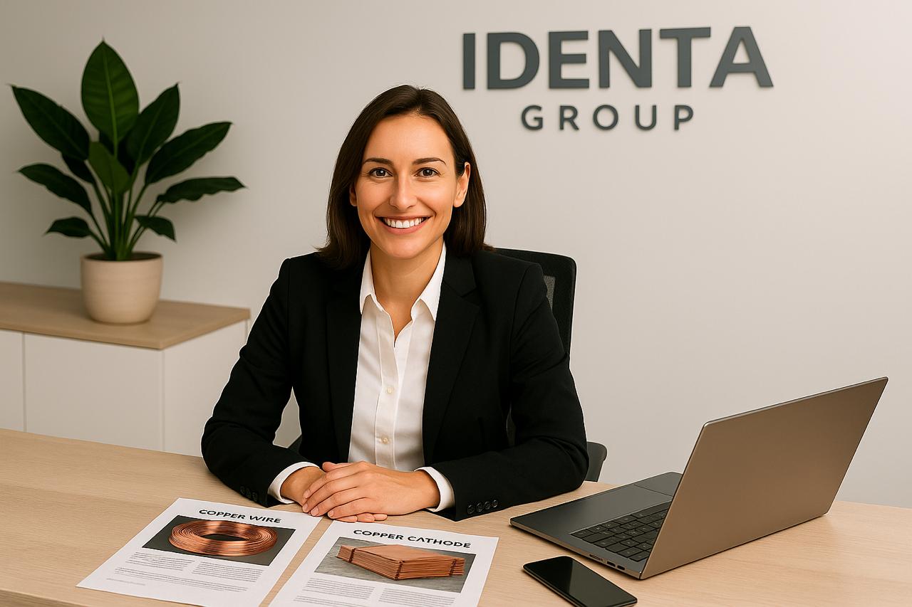 Professional support agent sitting at desk with copper wire and cathode product sheets, laptop, and Identa Group logo in background