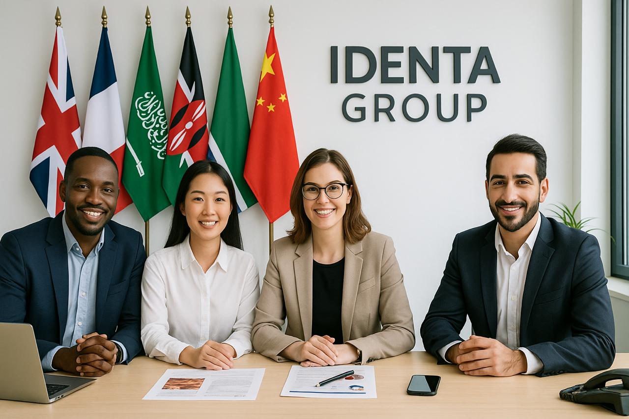 Diverse export team at Identa Group office with international flags in background and copper documents on desk