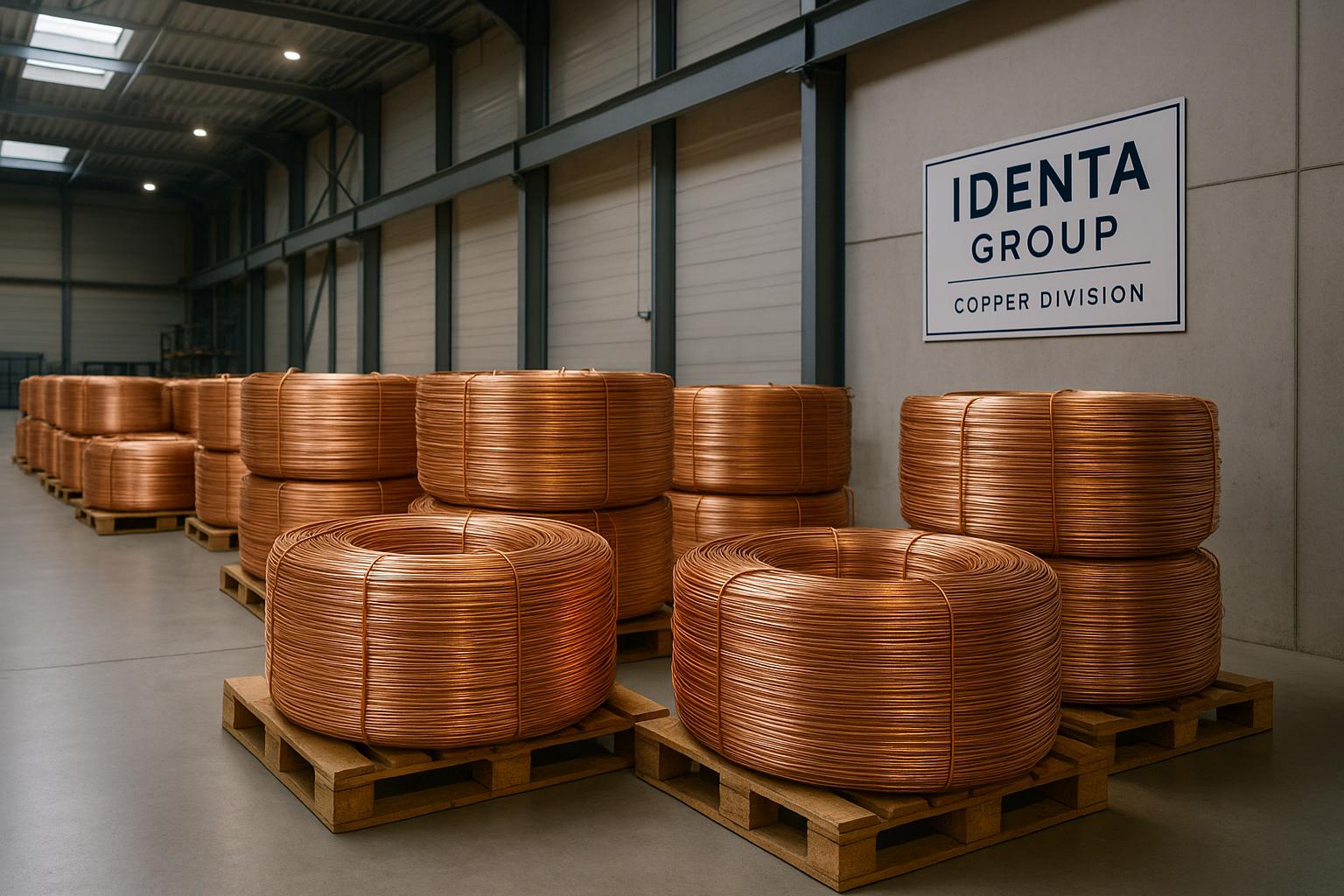 Bulk copper wire coils stacked on pallets inside Identa Groupβs export-ready warehouse