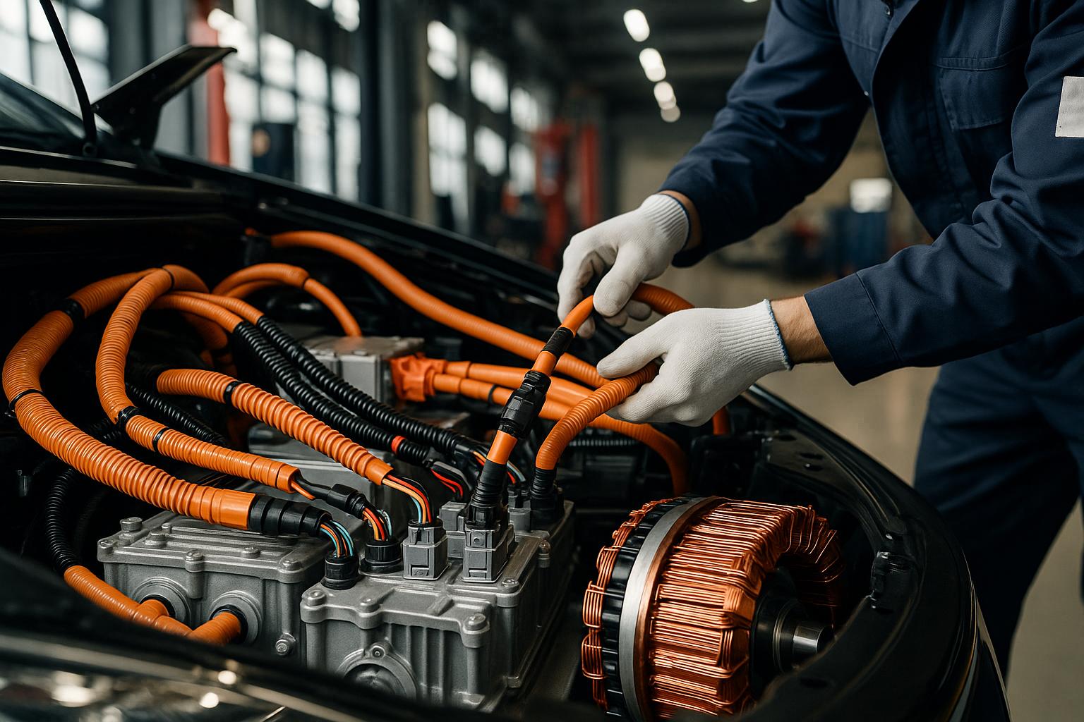 Technician wiring electric vehicle with high-voltage copper wires