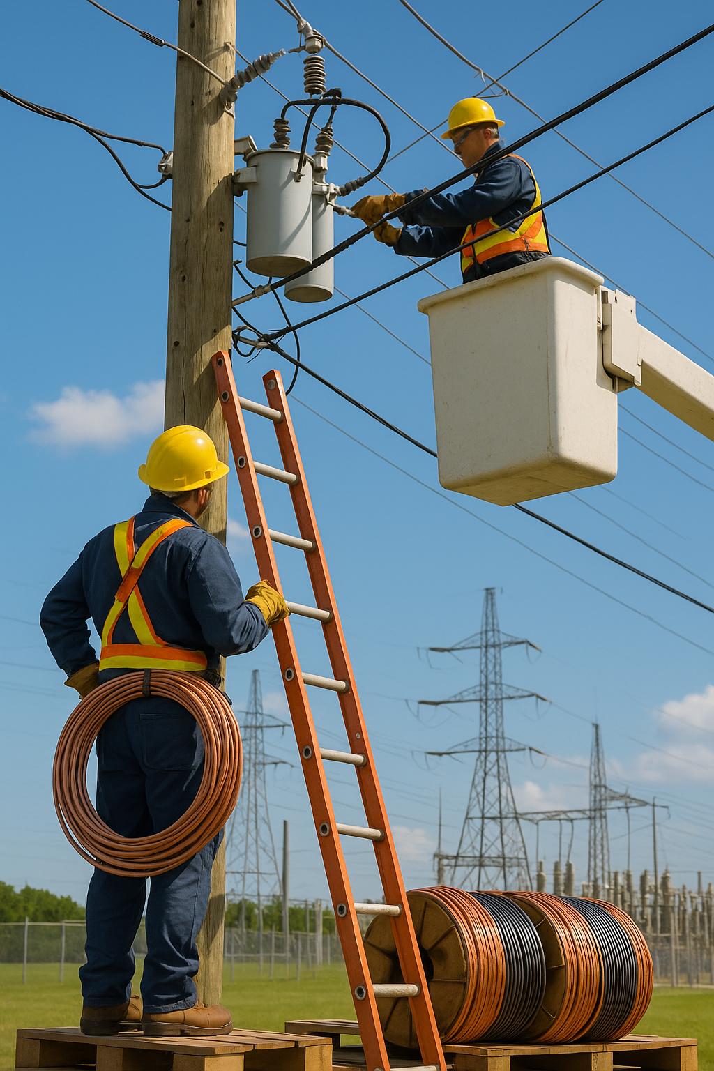 Utility workers installing copper wire on power distribution system