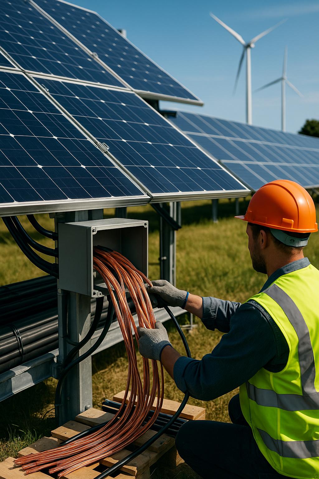 Technician wiring solar panel junction box with copper wires