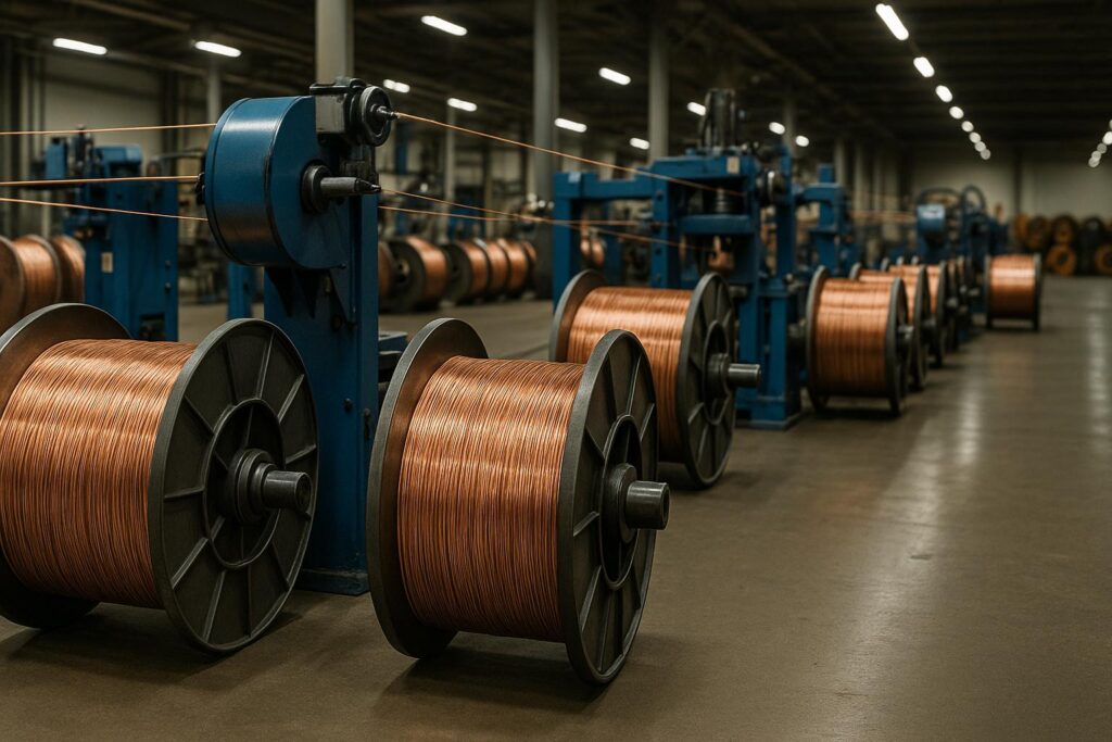 Copper wire coils in automated cable manufacturing facility
