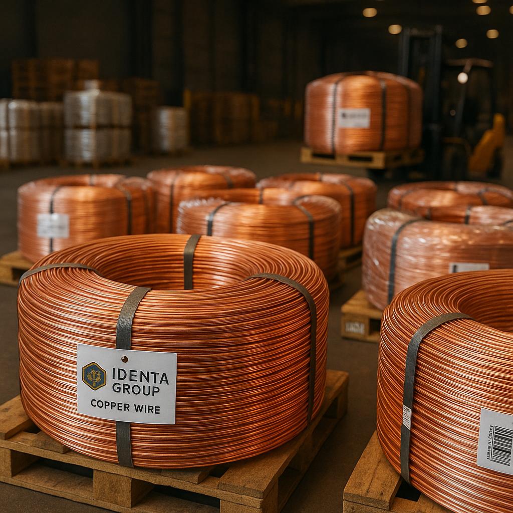 Copper wire coils fully wrapped and secured for export, loaded into shipping container at Identa Group warehouse