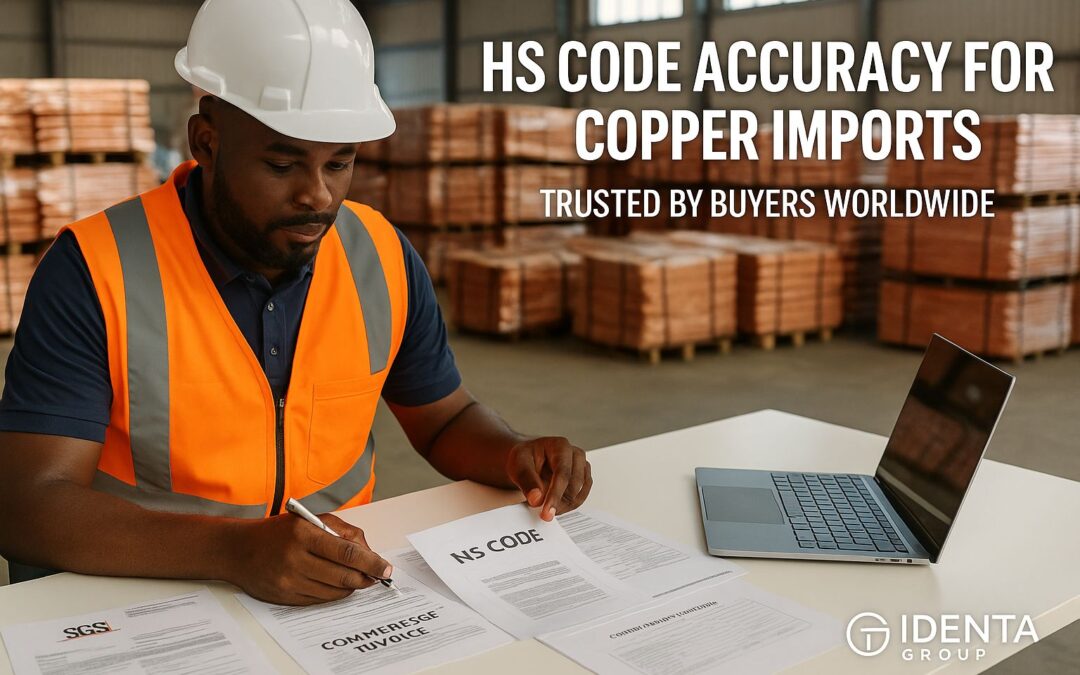 Black copper export manager in PPE reviewing HS code documents at Identa Group warehouse with stacked copper cathodes in background