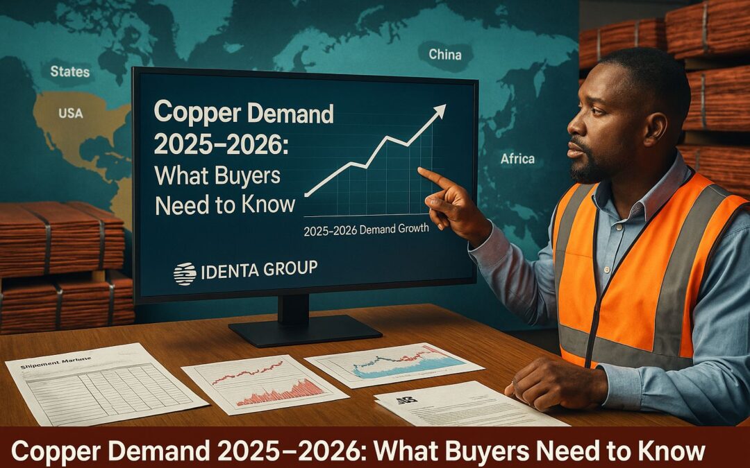 Black copper analyst reviewing copper demand growth forecast for 2025–2026 at Identa Group export office