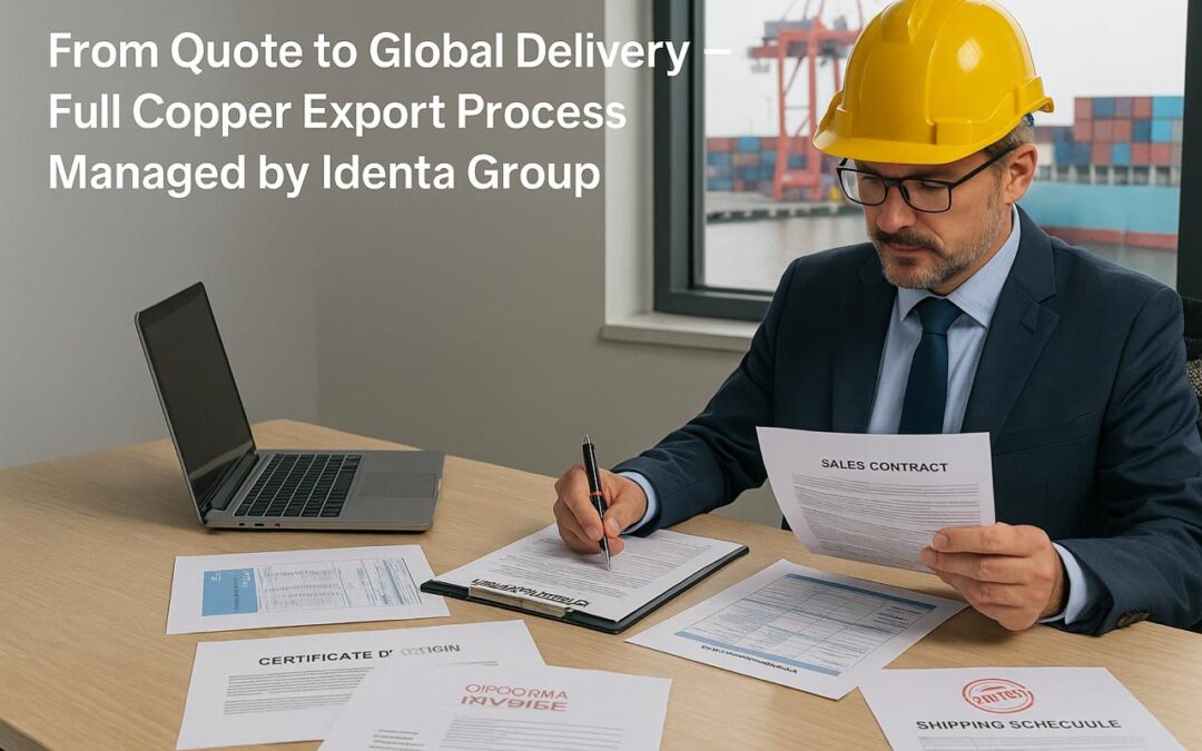 Identa Group export manager reviewing copper sales contract with export documents and shipping port in background