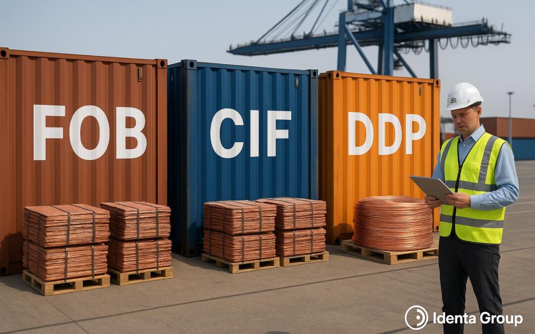 Copper export containers labeled FOB CIF DDP with Identa Group manager reviewing documents at shipping yard