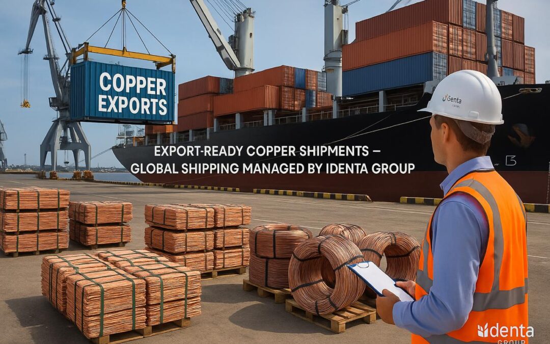 Copper export shipping port with Identa Group supervisor, copper bundles, wire coils, and cargo containers being loaded