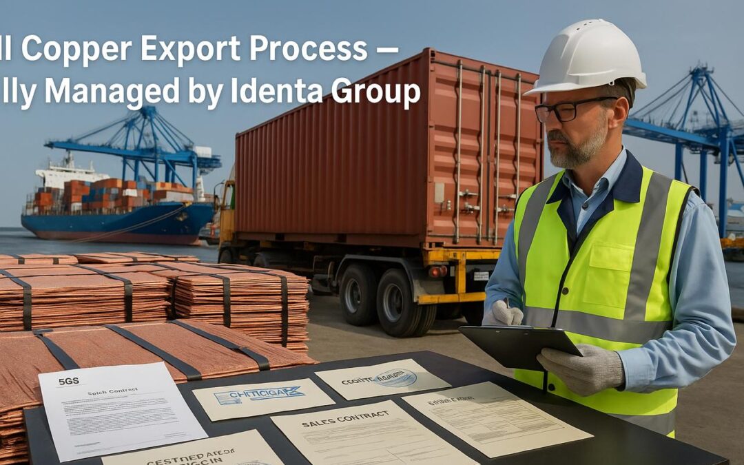 Identa Group manager reviewing copper export documents with copper bundles, shipping containers, and cargo vessel at port