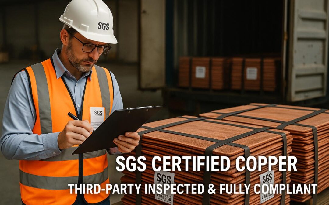 SGS inspector reviewing copper cathode bundles during third-party inspection at Identa Group export warehouse