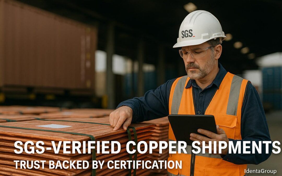 SGS inspector verifying bulk copper cathode shipment for export at Identa Group warehouse