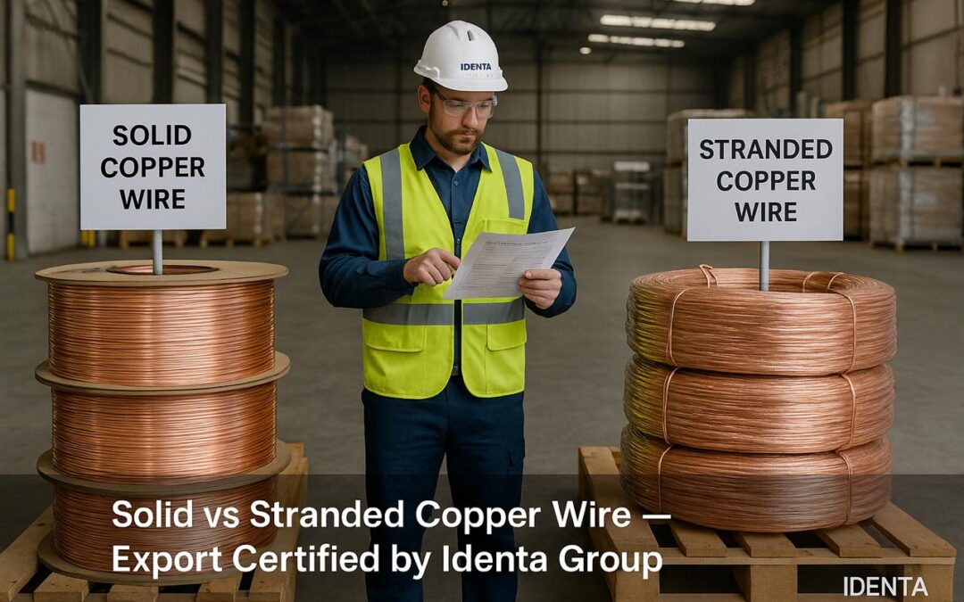 Identa Group export technician comparing solid and stranded copper wire in warehouse with product specifications