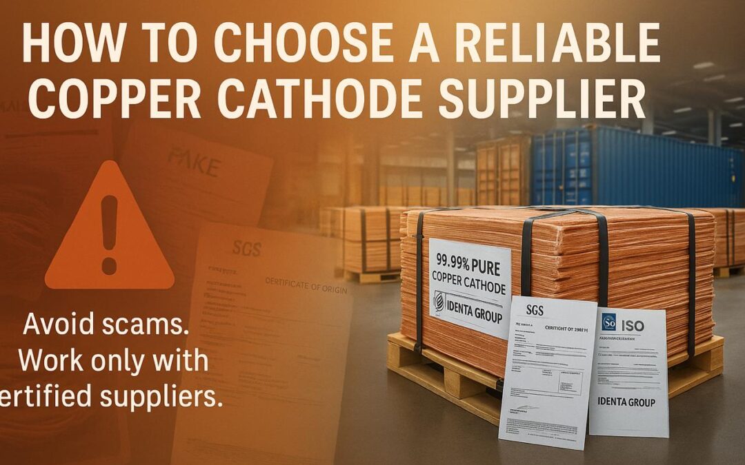 Visual guide showing how to choose a reliable copper cathode supplier with certified documents, SGS reports, and branded copper cathode bundles from Identa Group.